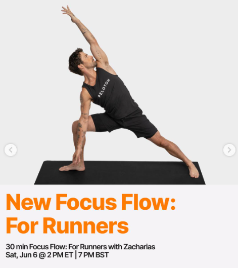 Zacharias has a live Focus Flow for Runners this week. Image credit Peloton social media.