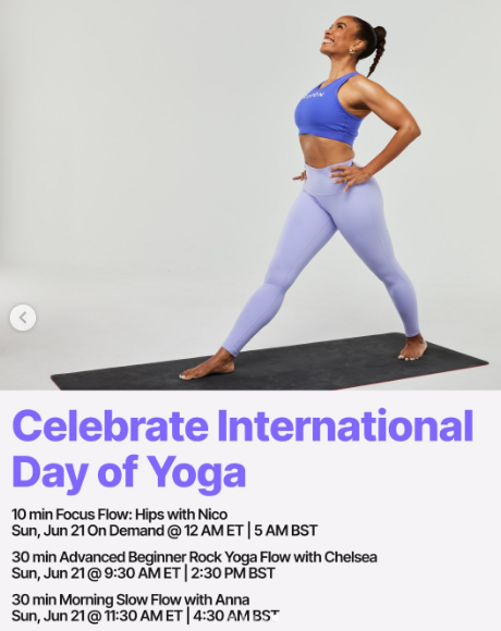Peloton will have several Yoga classes on International Day of Yoga. Image credit Peloton social media.