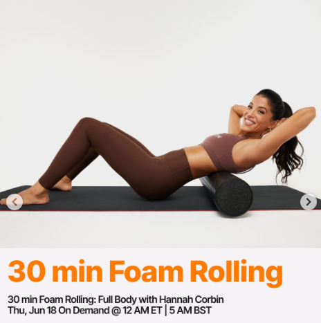 Peloton's first 30 minute Foam Rolling class will drop this week. Image credit Peloton social media.