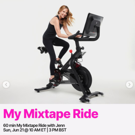 Jenn has a live 60 minute My Mixtape Ride this week. Image credit Peloton social media.