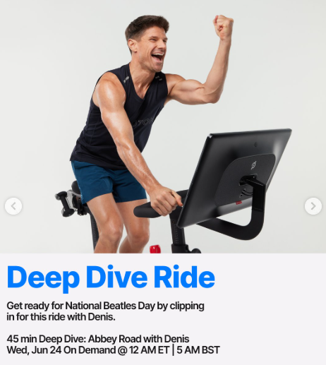 A new 45 minute Deep Dive Ride with Denis will be on demand this week, focusing on Abbey Road by the Beatles. Image credit Peloton social media.