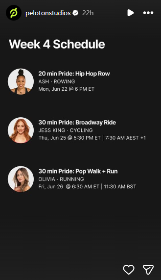 Peloton's class lineup for week 4 of Pride Month 2026.