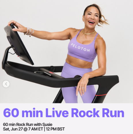 Susie has a live 60 minute Rock Run this week. Image credit Peloton social media.