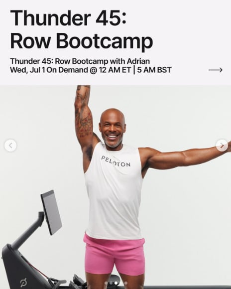 Adrian has a new Thunder 45: Row Bootcamp dropping this week. Image credit Peloton social media.