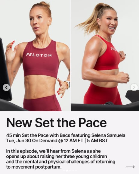 A 45 minute "Set the Pace" podcast episode with Becs and Selena drops on demand this week. Image credit Peloton social media.