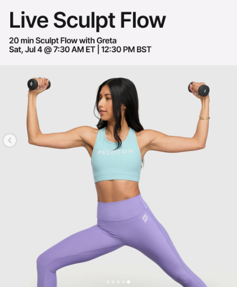Greta has a live 20 minute Sculpt Flow this week. Image credit Peloton social media.