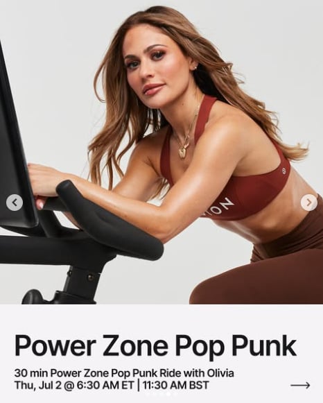 Olivia has a live 30 minute Power Zone Pop Punk Ride this week. Image credit Peloton social media.
