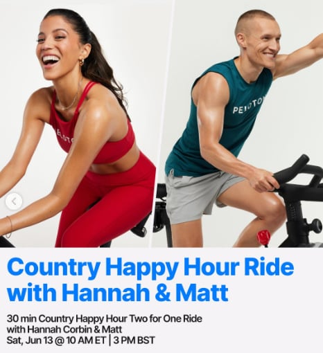 Hannah C. will have a live Country Happy Hour Ride this week with Matt. Image credit Peloton social media.