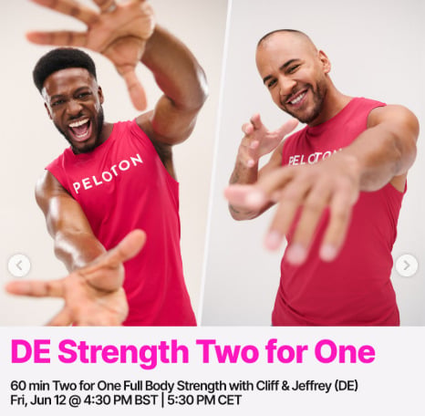 Cliff and Jeffrey will have a live 60 minute Full Body Strength in German this week. Image credit Peloton social media.