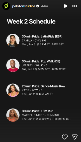 Peloton's week 2 class schedule for Pride Month 2026