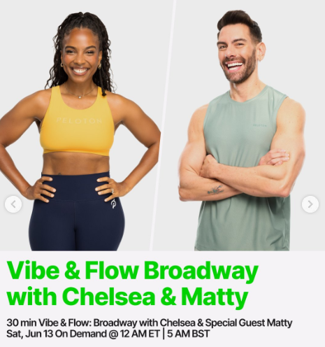 A Vibe & Flow: Broadway will drop on demand this week with Chelsea and Matty. Image credit Peloton social media.