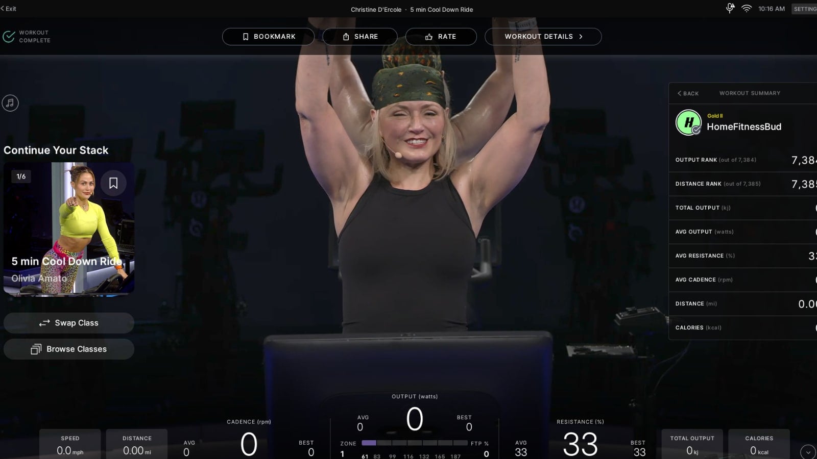 New "Continue Your Stack" panel on the left side of the screen of a completed Peloton class.