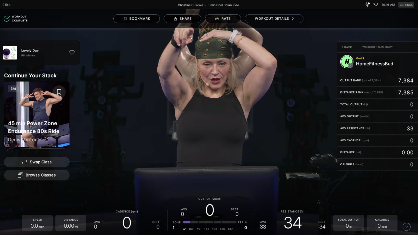 New "Continue Your Stack" panel on the left side of the screen of a completed Peloton class.
