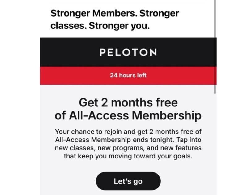 Peloton email to members with a 2 month free membership offer
