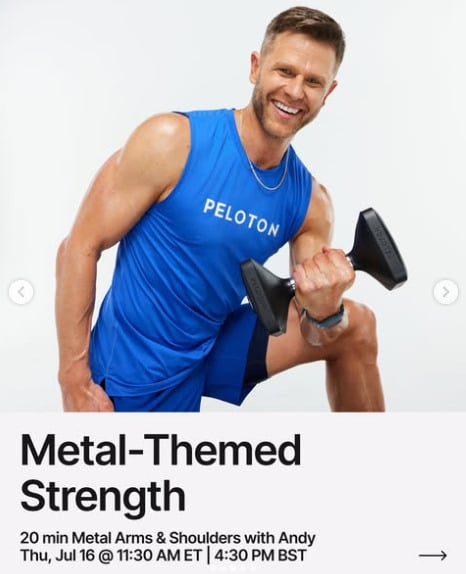 Andy has a live Metal Arms & Shoulders strength this week. Image credit Peloton social media.