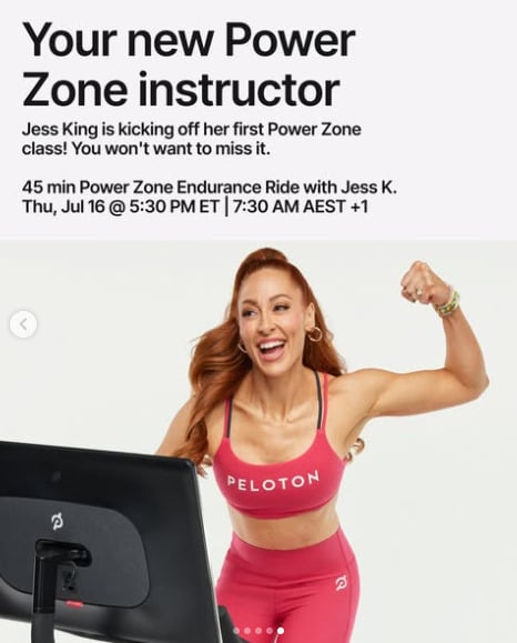 Jess King's first Power Zone Ride is this week. Image credit Peloton social media.