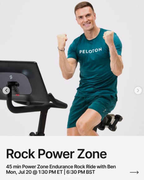 Ben has a live 45 minute Power Zone Endurance Rock Ride this week. Image credit Peloton social media.