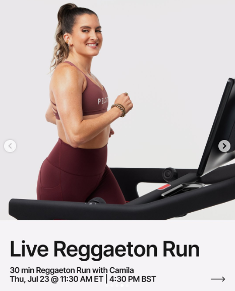 Camila has a live 30 minute Reggaeton Run this week. Image credit Peloton social media.
