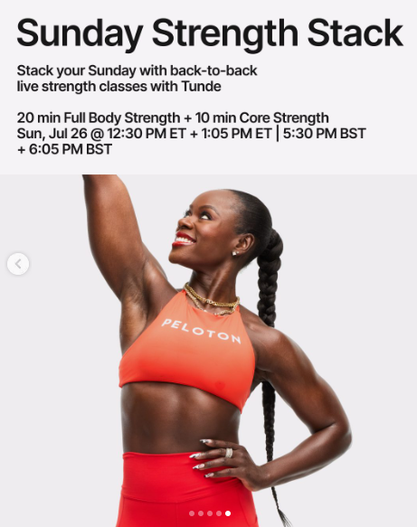 Tunde has a live Full Body and Core strength stack this week. Image credit Peloton social media.