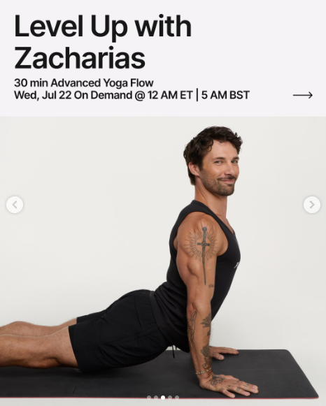 Zacharias will have a new 30 minute Advanced Yoga Flow drop on demand this week. Image credit Peloton social media.