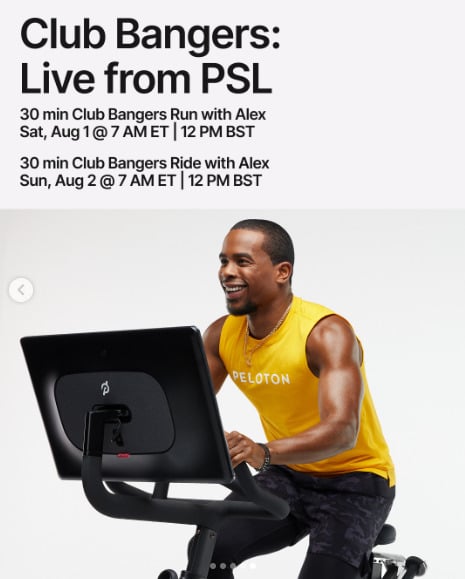 Alex Toussaint has two live Club Bangers classes from London this week. Image credit Peloton social media.