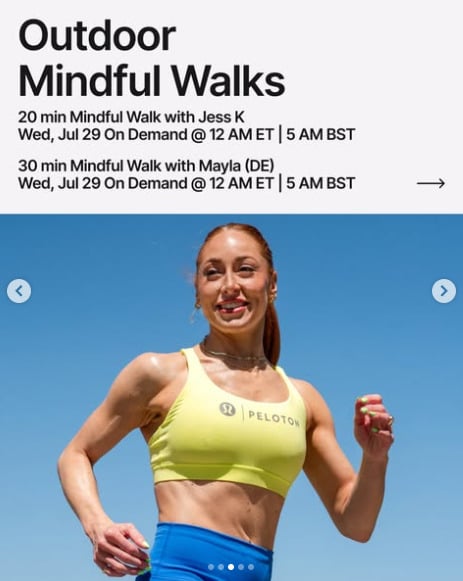 Two new Outdoor Mindful Walks, one in English and one in German, will drop on demand this week. Image credit Peloton social media.