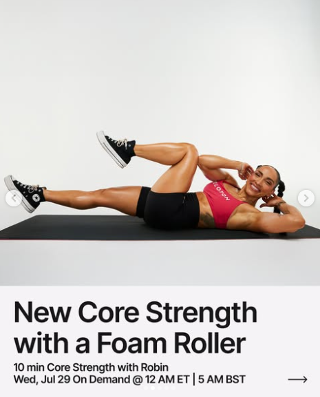 A new 10 minute Core Strength with a foam roller with Robin drops on demand this week. Image credit Peloton social media.