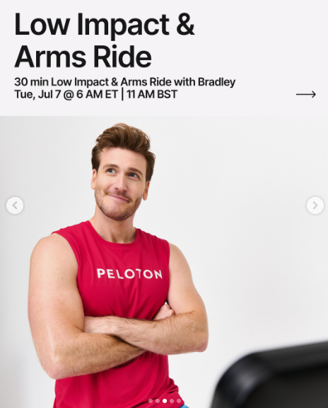 Bradley has a live 30 minute Low Impact & Arms Ride this week. Image credit Peloton social media.