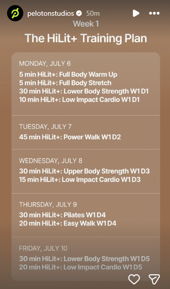 Week 1 class schedule for the HiLit+ training plan