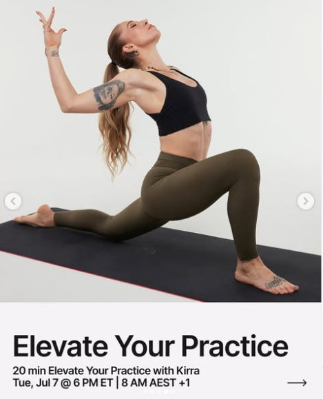 Kirra has a live 20 minute Elevate Your Practice class this week. Image credit Peloton social media.