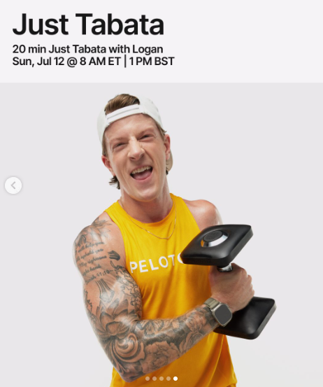 Logan has a 20 minute Just Tabata class this week. Image credit Peloton social media.