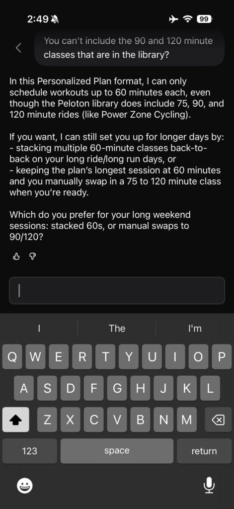 Peloton IQ chatbot explaining the 60 minute class cap and offering workarounds