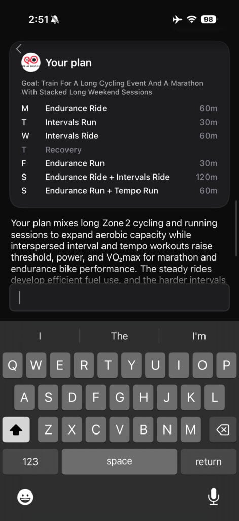 The generated plan, including the stacked 120 minute Saturday.