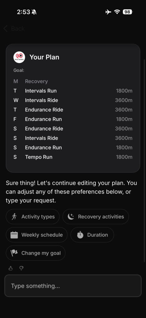 Peloton plan card showing workout durations in seconds instead of minutes
