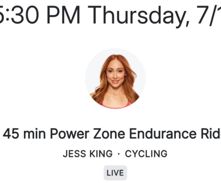 A Jess King power zone ride on the Peloton class schedule.