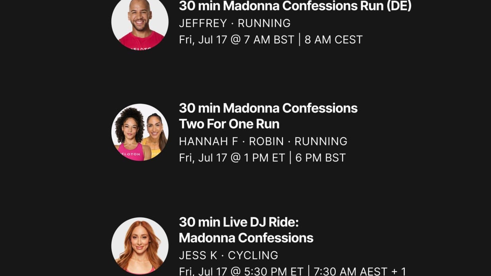 Peloton artist series featuring Madonna Confessions II