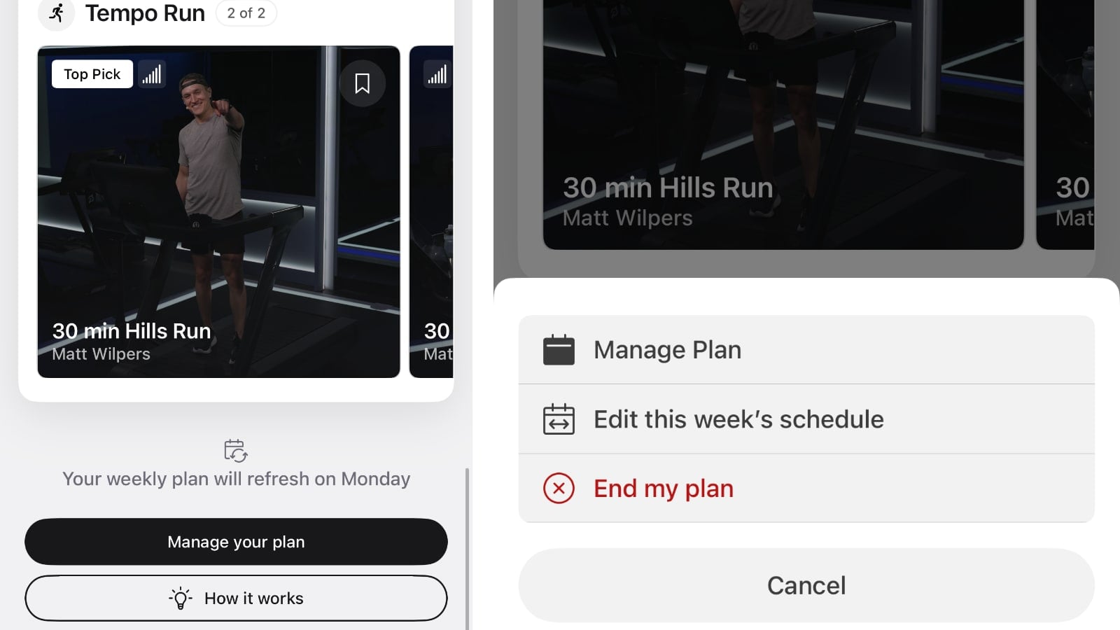 Options to get to the Manage Plan screen and use the Peloton IQ Chatbot