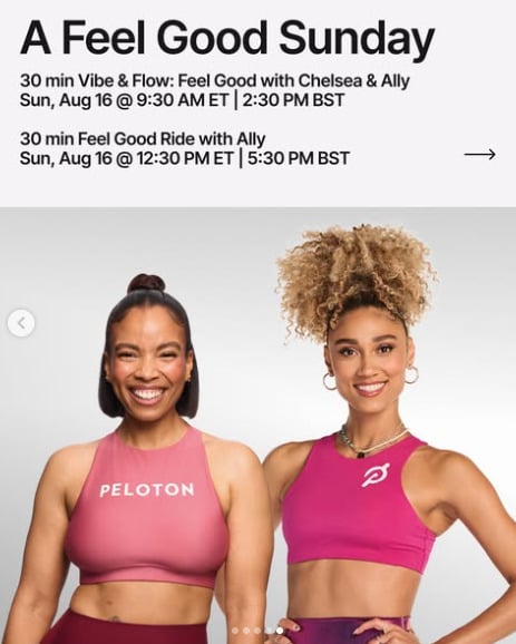 Chelsea has a 30 minute Vibe & Flow: Feel Good yoga with Ally Love this week. Ally also has a Feel Good Ride. Image credit Peloton social media.