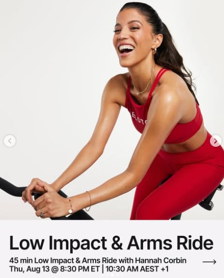 Hannah Corbin has a 45 minute Low Impact & Arms Ride this week. Image credit Peloton social media.