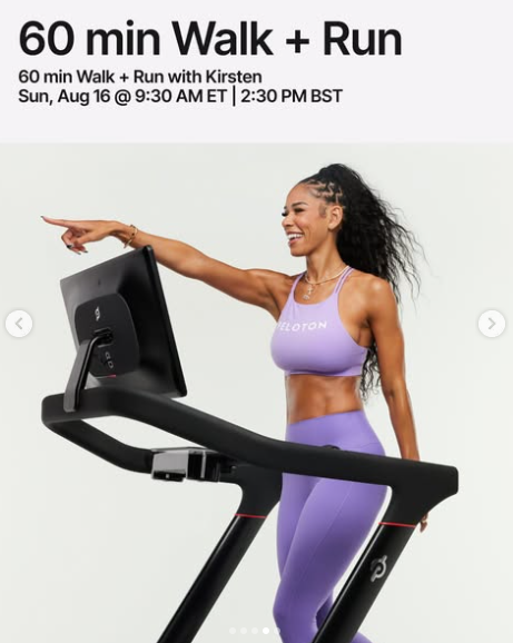 Kirsten has a live 60 minute Walk + Run with pace targets this week. Image credit Peloton social media.