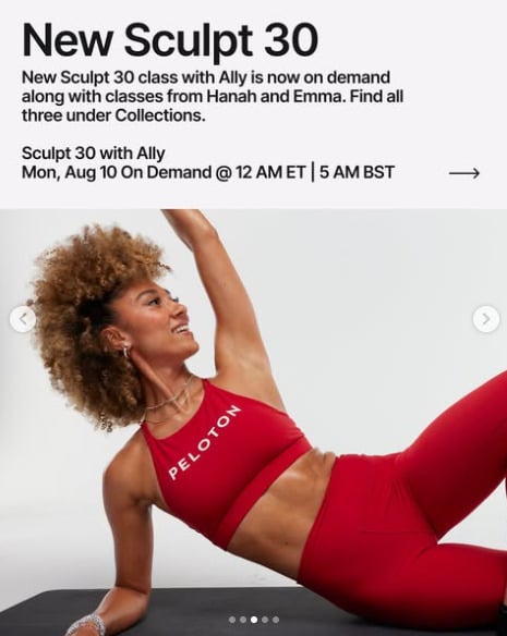 Ally's first Sculpt 30 class is on demand. Image credit Peloton social media.