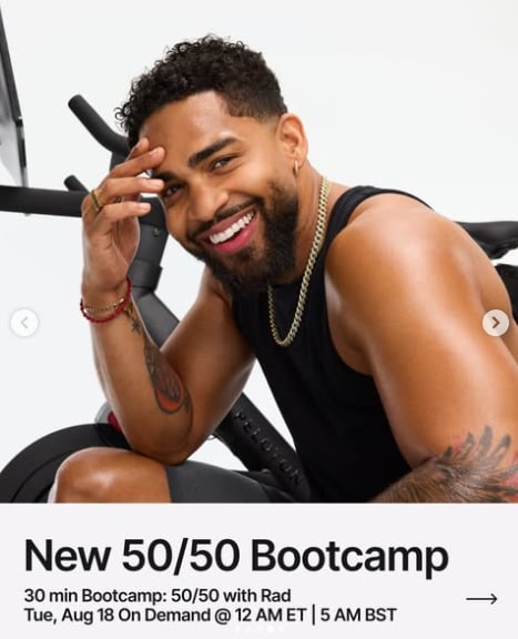 Rad has a new 30 minute 50/50 Bike Bootcamp on demand this week. Image credit Peloton social media.