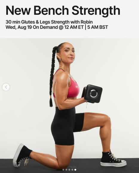 Robin has a new 30 minute Glutes & Legs Bench strength dropping on demand this week. Image credit Peloton social media.
