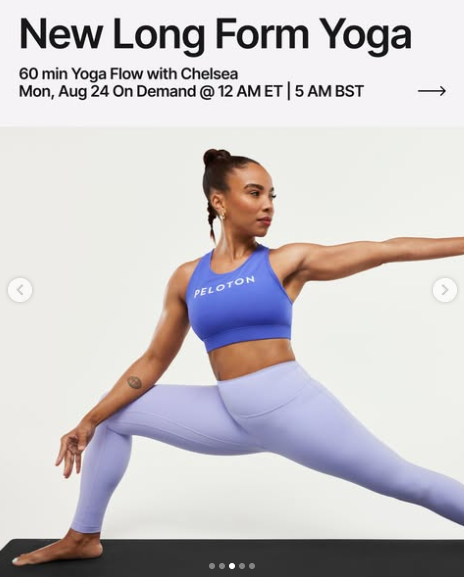 A 60 minute Yoga Flow with Chelsea drops on demand this week. Image credit Peloton social media.
