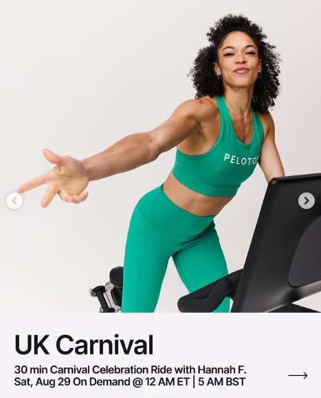 A new UK Carnival Ride with Hannah Frankson drops on demand this week. Image credit Peloton social media.