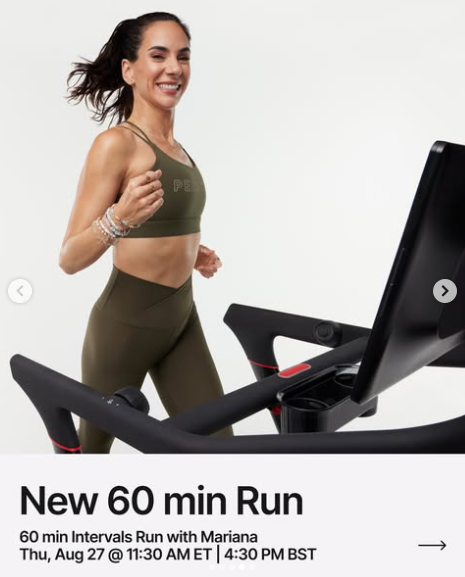 Mariana has a live 60 minute Intervals Run this week. Image credit Peloton social media.