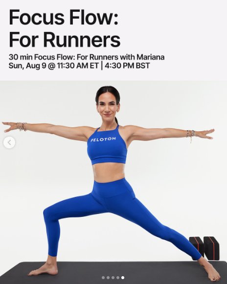 Mariana has a live 30 minute Yoga for Runners flow this week. Image credit Peloton social media.