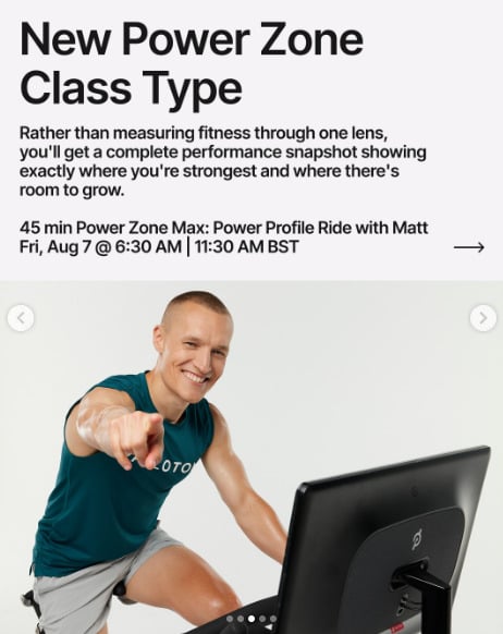 Matt is debuting a new Power Zone Ride type this week with a 45 minute Power Zone Max: Power Profile Ride. Image credit Peloton social media.