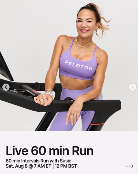 Susie has a live 60 minute Intervals Run this week. Image credit Peloton social media.