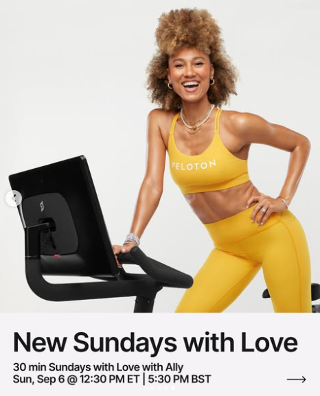Ally has a new Sundays with Love Ride this week. Image credit Peloton social media.